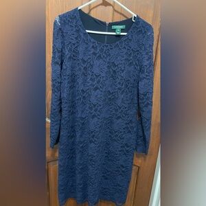 Lauren-Ralph Lauren Navy long sleeve Lace Dress size 14 W . Crew neck line